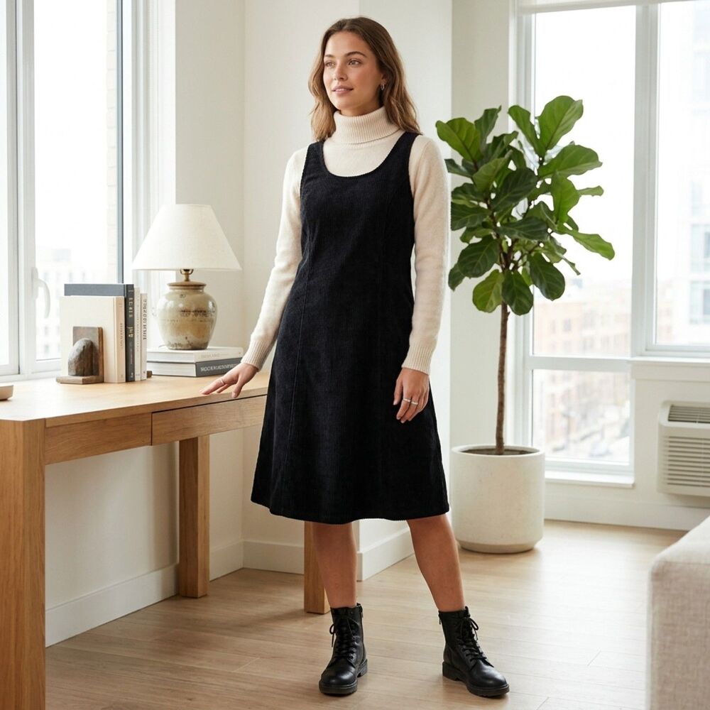 Shein Black Corduroy Pinafore Dress L Fit Flare Fall Layering Piece
